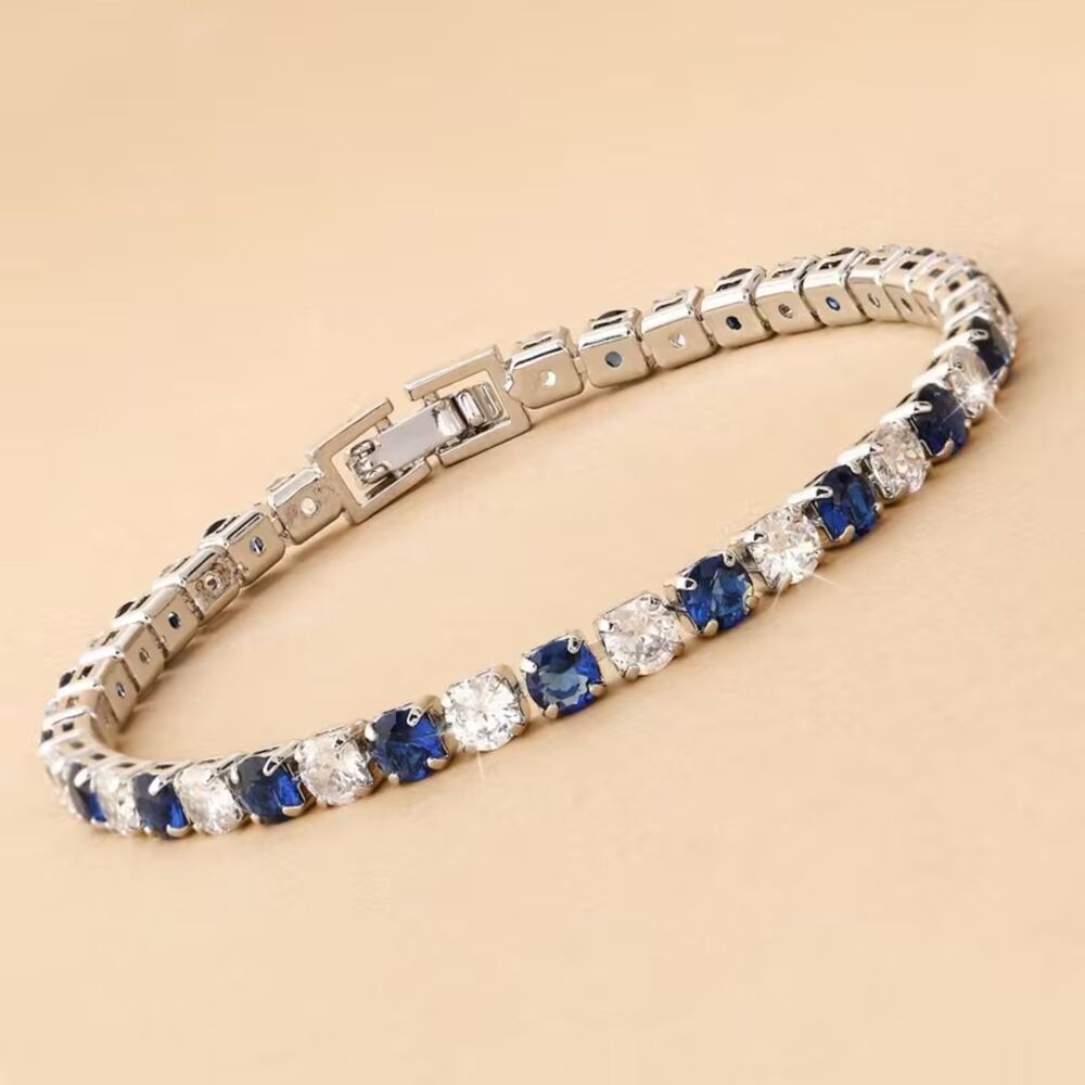 Blue & Clear Zirconia Crystal Silver 7" Tennis Bracelet Multi Gemstone Elegant